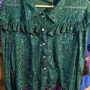 POL Teal Sequin Ruffle Blouse